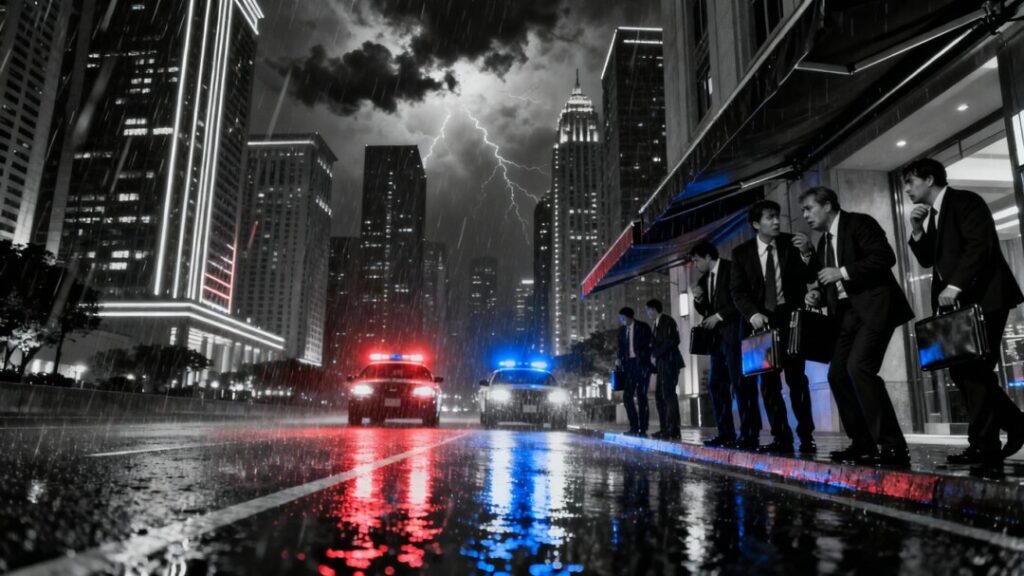 Miami skyscrapers, police lights, distressed businesspeople at night.