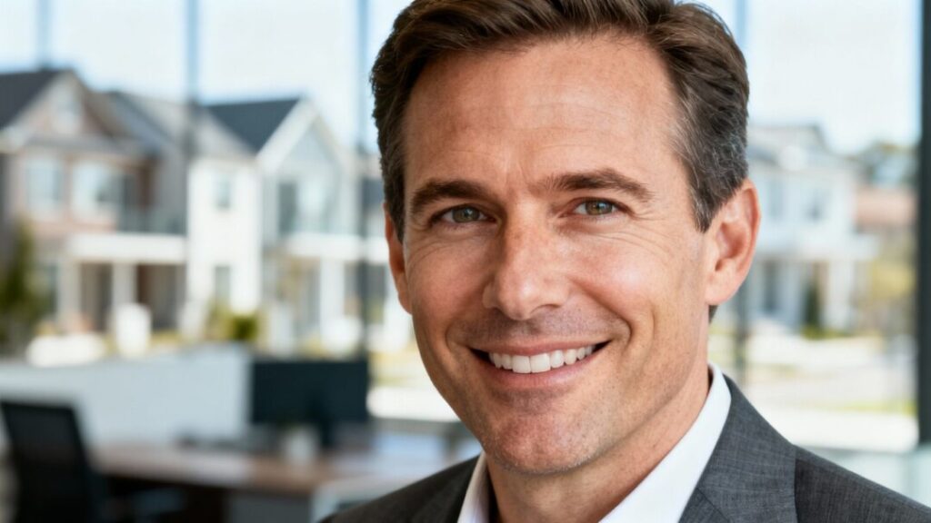 [John Waas] in a real estate office, looking forward.