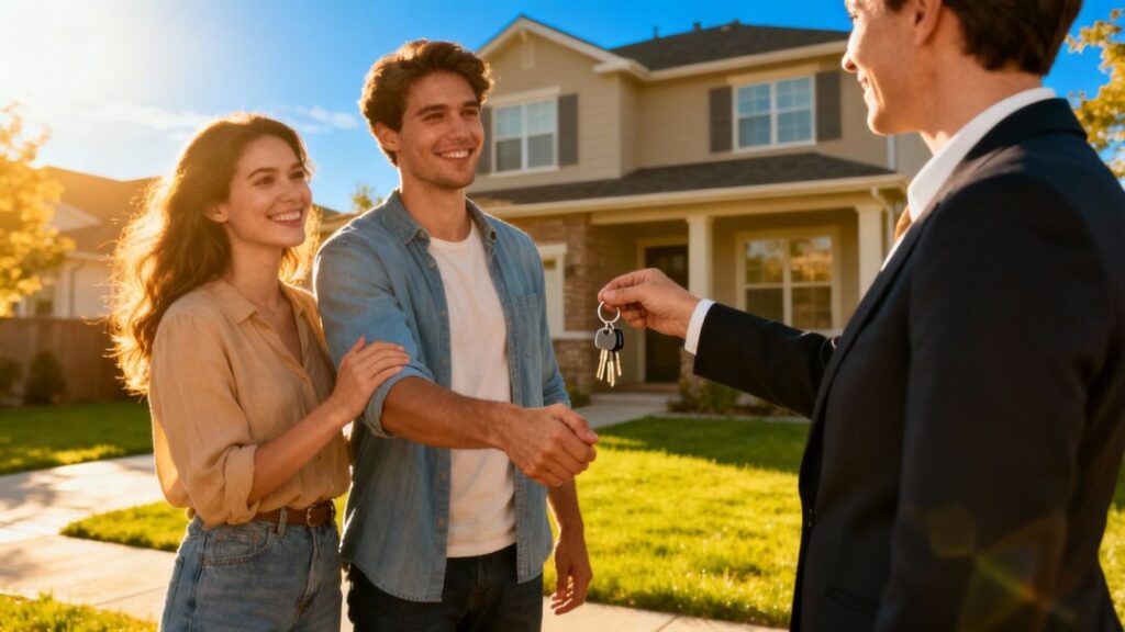 Couple receives house keys from real estate agent