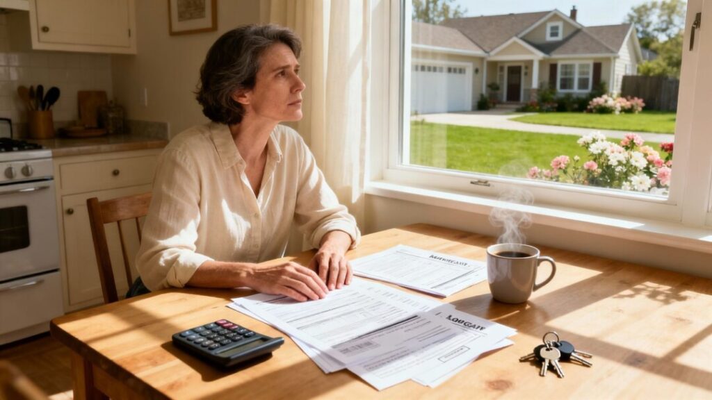 Homeowner reviewing mortgage documents at kitchen table