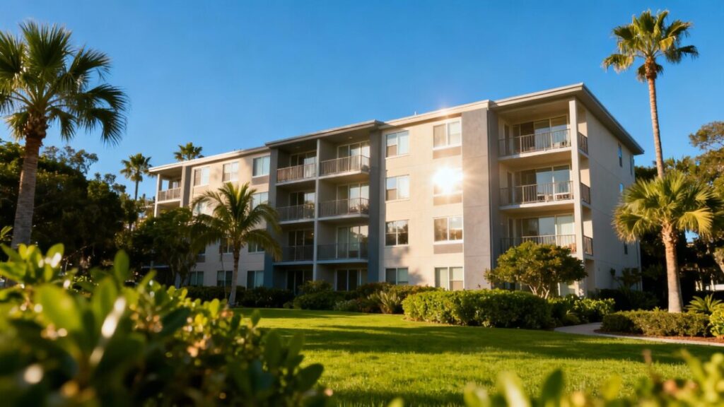 Miami apartment building with palm trees and blue sky.