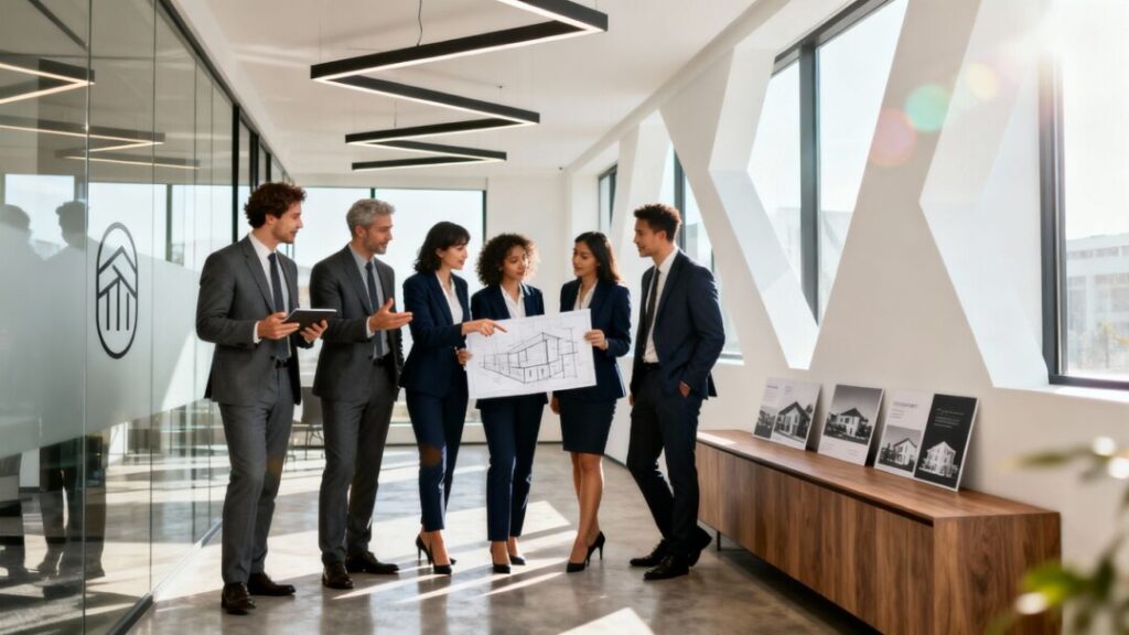 Real estate agents collaborating in a modern office.