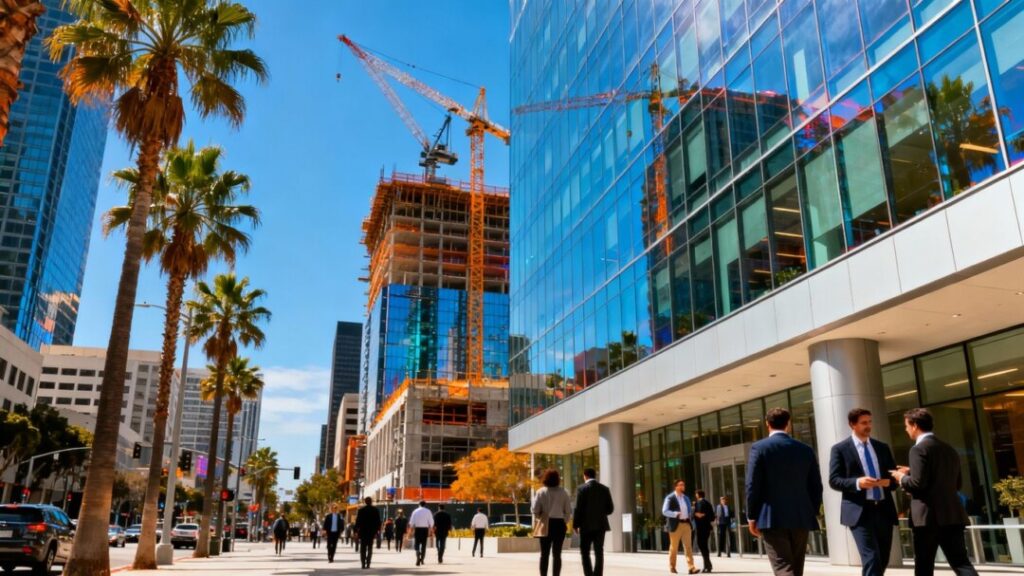 Broward city buildings, palm trees, business people, construction cranes