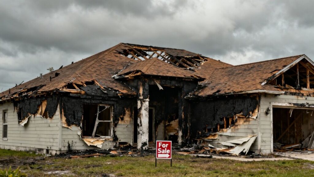 Damaged Florida house with fire and hurricane damage for sale.