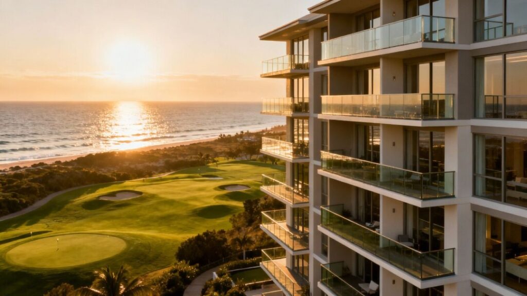 Luxury condos with golf and beach views.