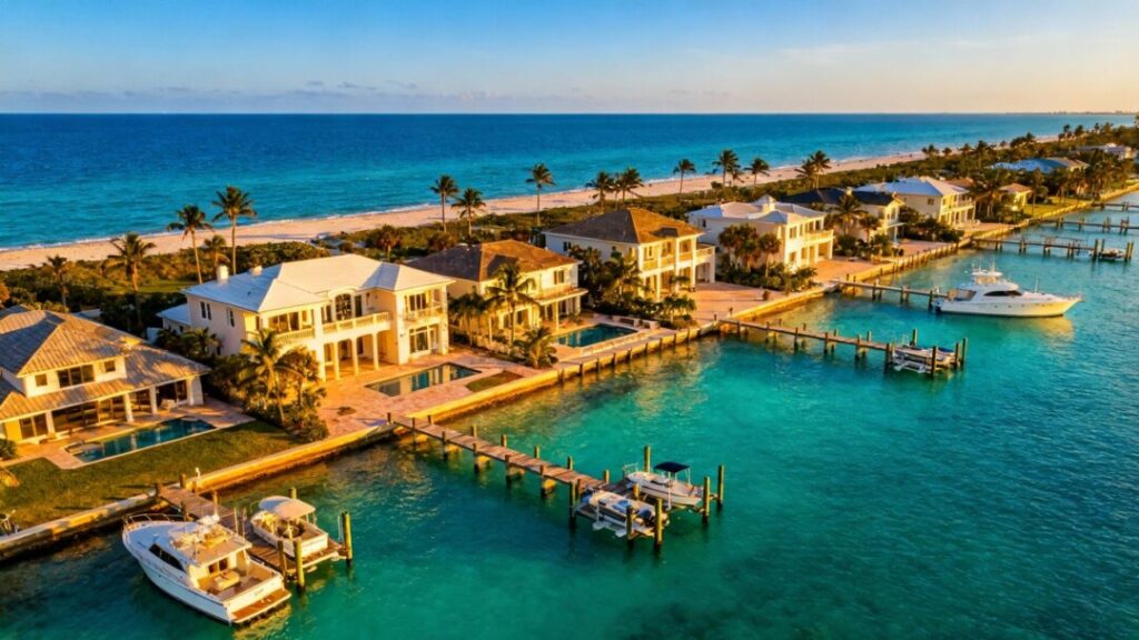 Luxury beachfront homes on Florida Gulf Coast aerial view