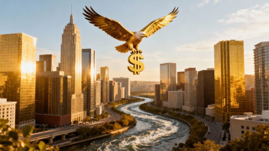 Florida real estate market growth with eagle and dollar sign.