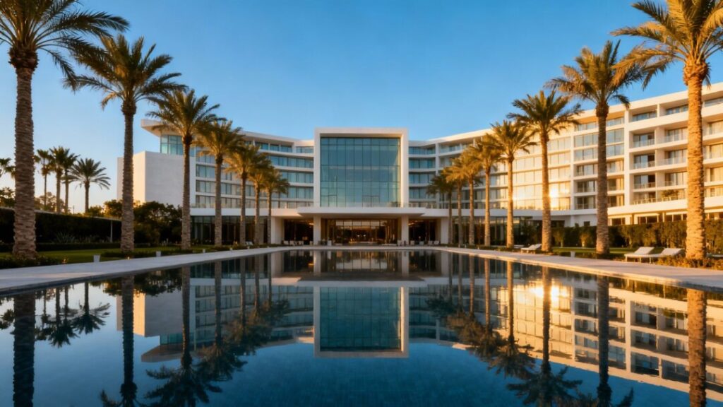 Luxury hotel exterior with palm trees and blue sky.