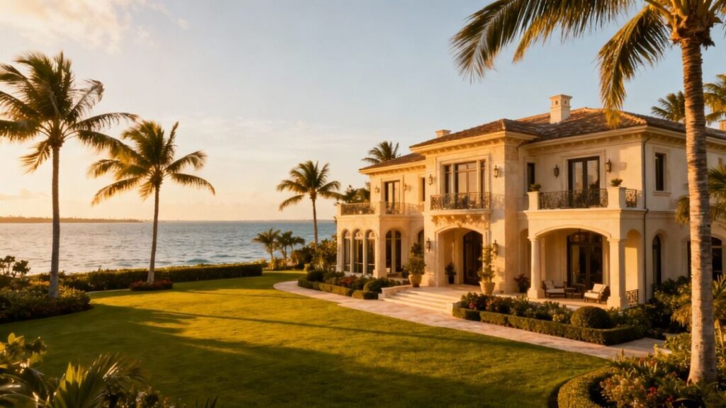 Luxury mansion on Florida coast with palm trees and ocean view.