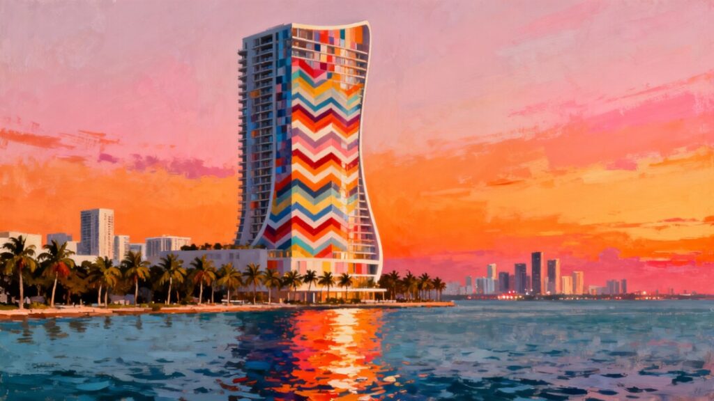Artistic rendering of the Missoni Baia tower against the waterfront skyline of Edgewater, Miami