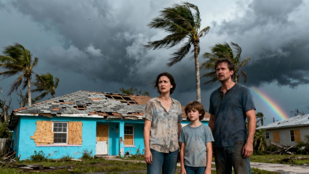 Florida family outside home with stormy sky