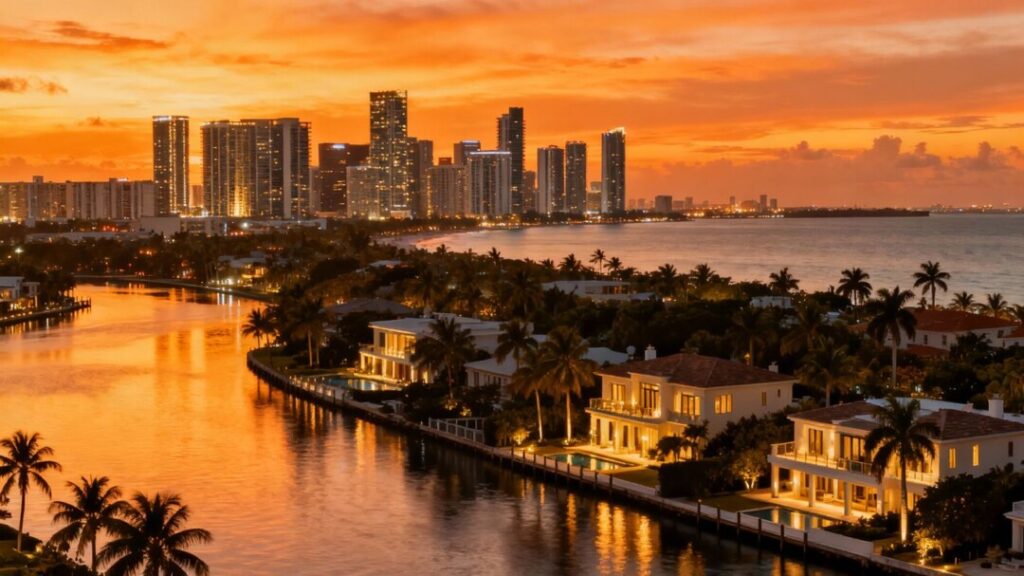 Miami skyline with luxury homes and condos.