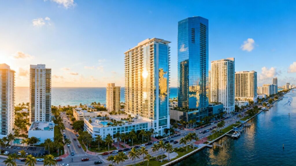 Florida coastline with modern skyscrapers and waterfront condos