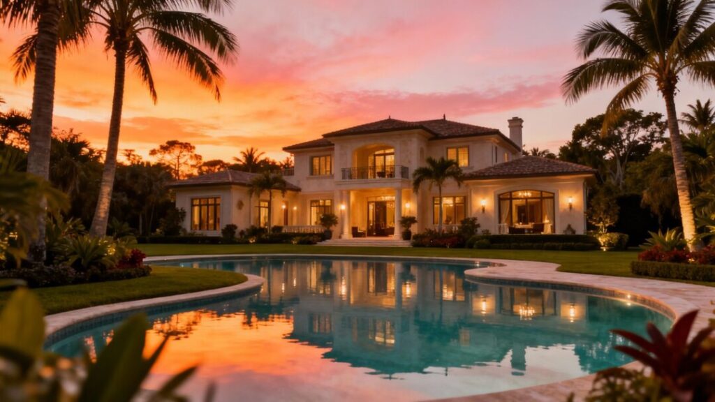 Luxury Florida mansion with pool at sunset.