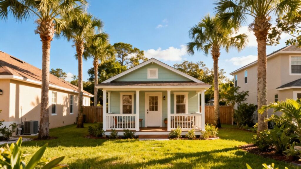 Florida backyard cottage with palm trees and sunshine