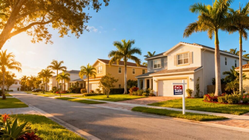 South Florida homes with green lawns and palm trees.