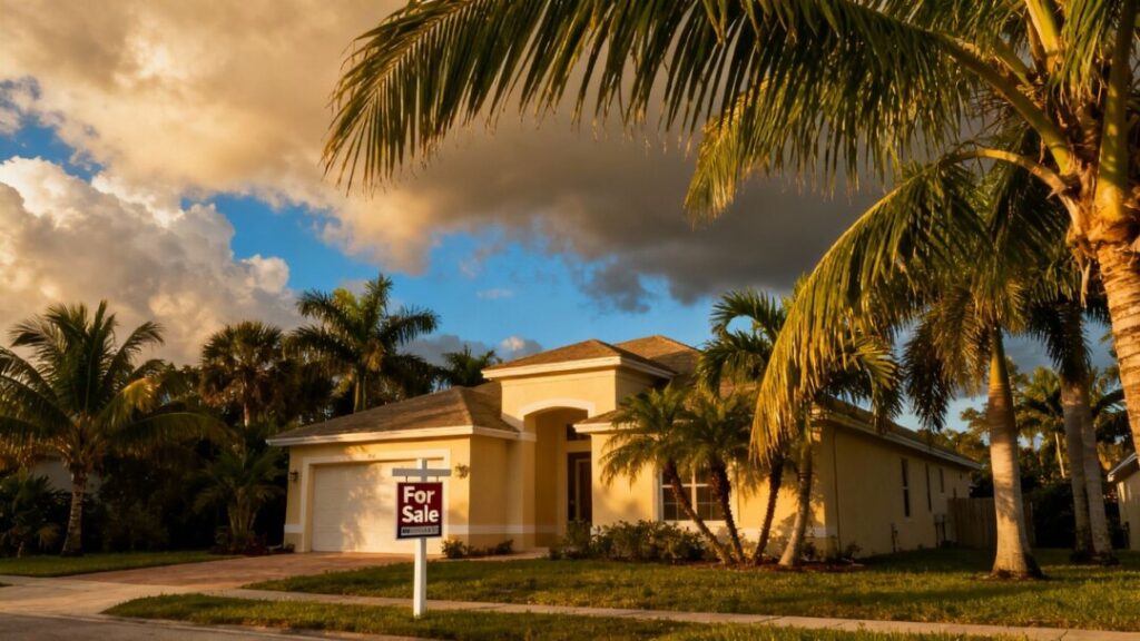 Florida house with palm trees and a 'For Sale' sign.
