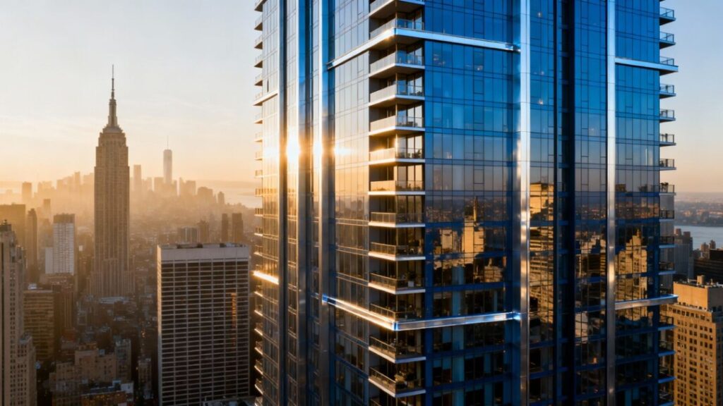 Manhattan luxury apartment building with skyline view.