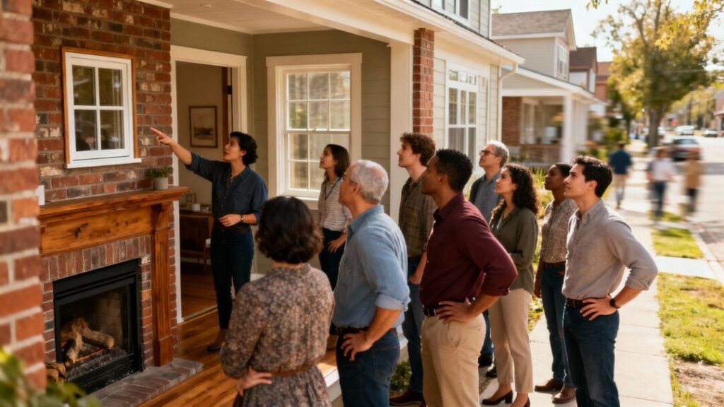 People browsing houses in a real estate market.