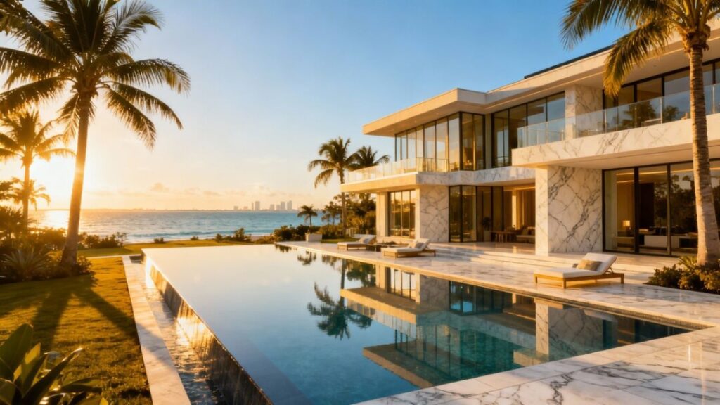 Luxury mansion with infinity pool on Miami coast.