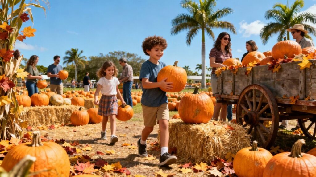 Families picking pumpkins at Wellington FL pumpkin patch