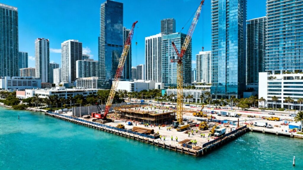 Miami skyline with cranes and construction activity