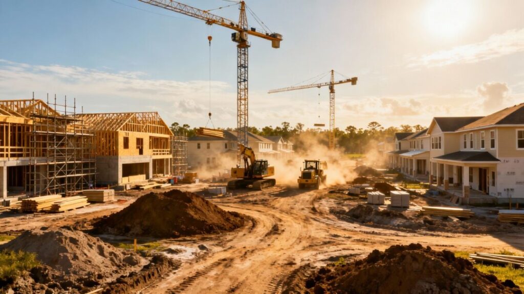 Florida residential construction site with cranes and new homes.