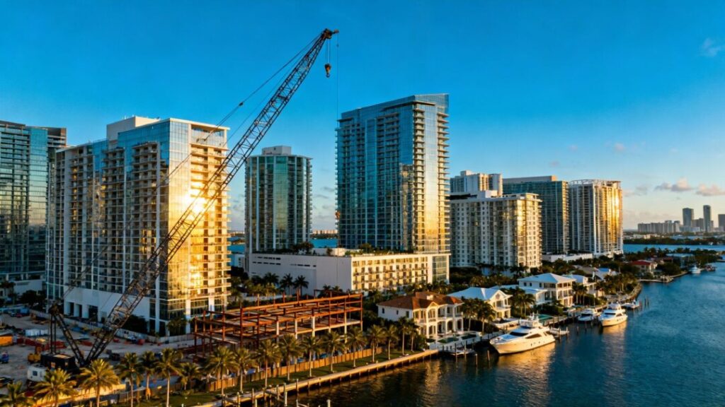 Florida city skyline with condos, palm trees, waterfront, and cranes