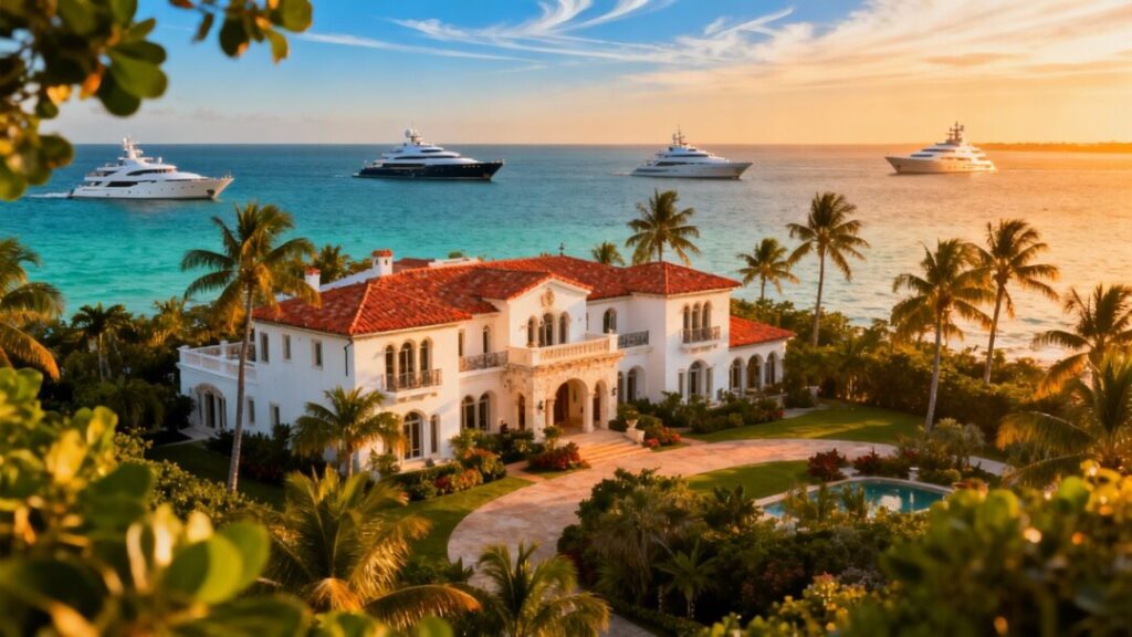 Luxurious beachfront mansion with palms in Manalapan, Florida