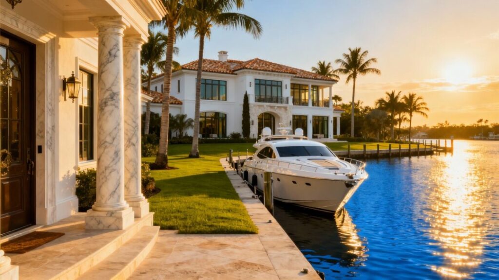 Luxury waterfront mansion with yacht in exclusive Florida enclave.