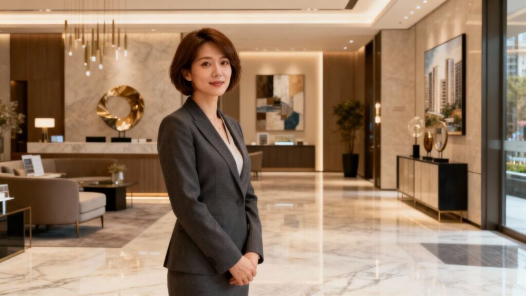 Businesswoman in upscale real estate office lobby