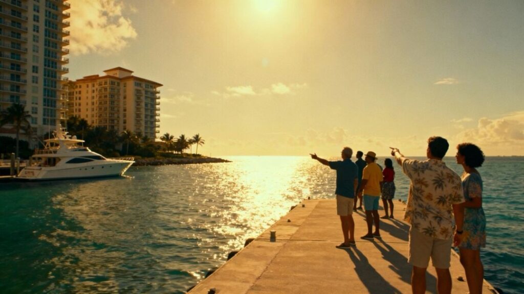 Florida coast with diverse investors looking at real estate.