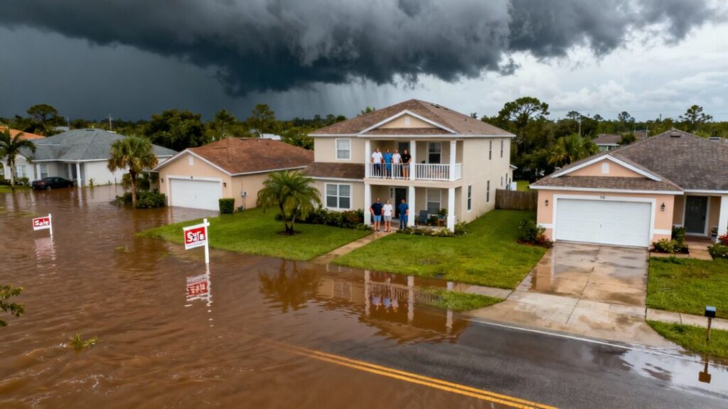 Florida homes with floodwaters and storm clouds overhead