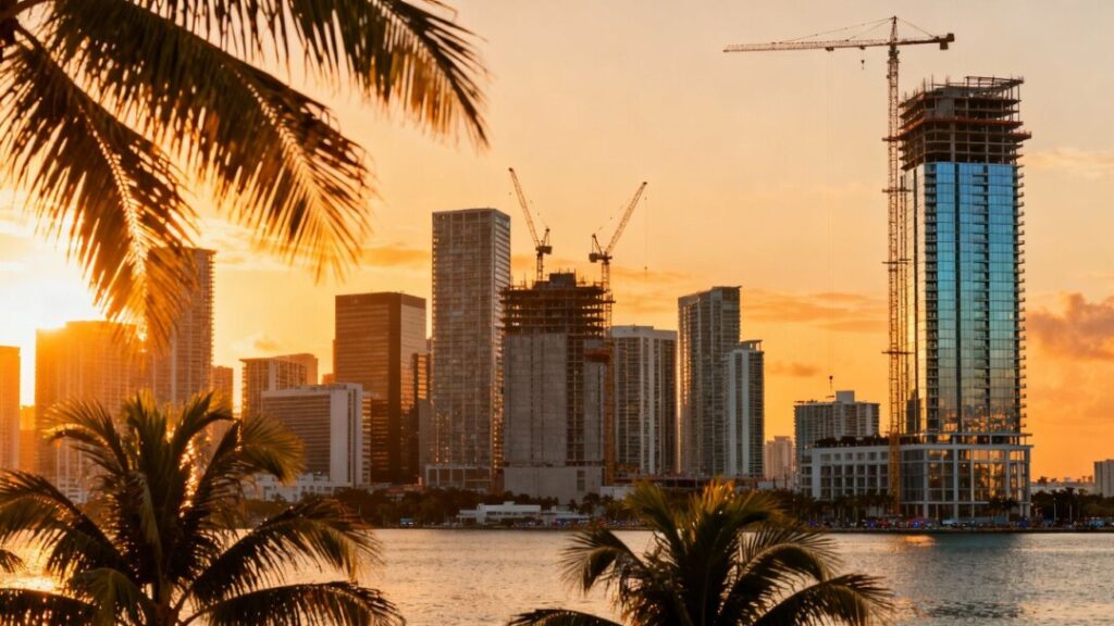 Modern luxury tower rising in Miami skyline waterfront