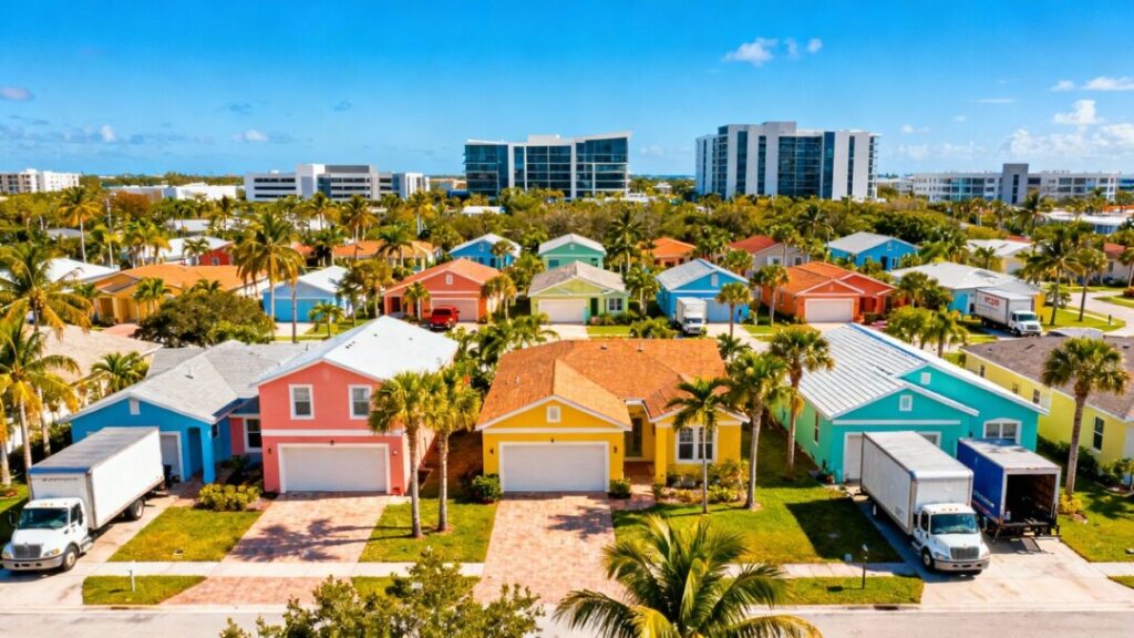Florida homes with palm trees and moving trucks
