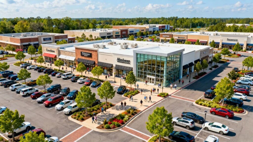Open-air shopping center with busy parking lots