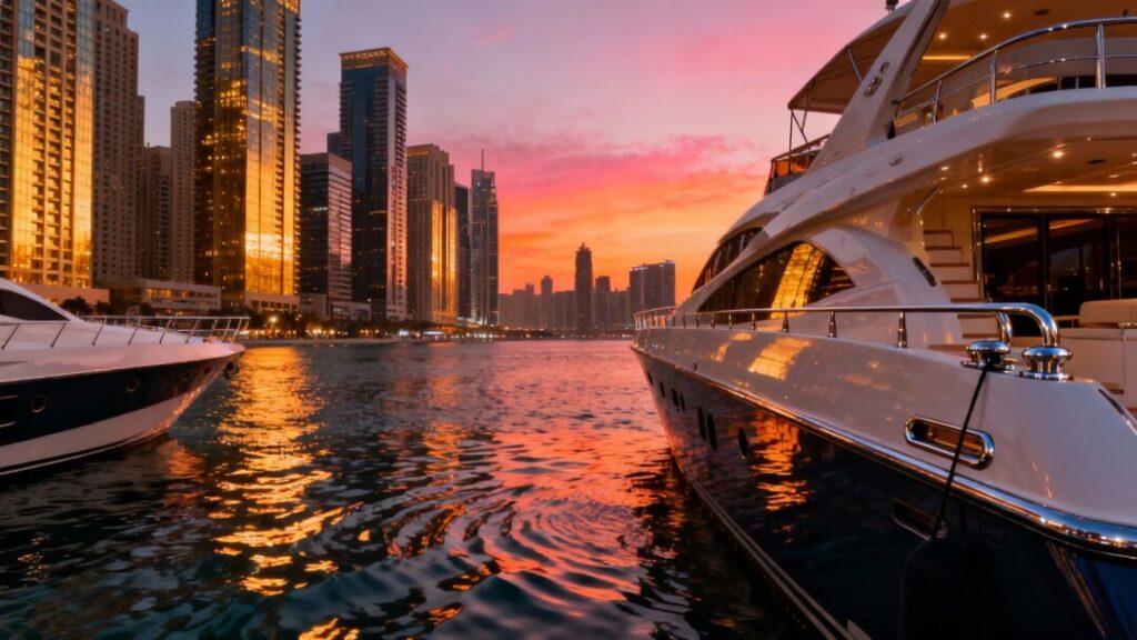 Miami skyline with luxury buildings and yachts at sunset.