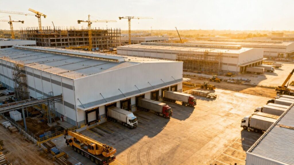 Miami-Dade industrial warehouses with cranes and trucks.