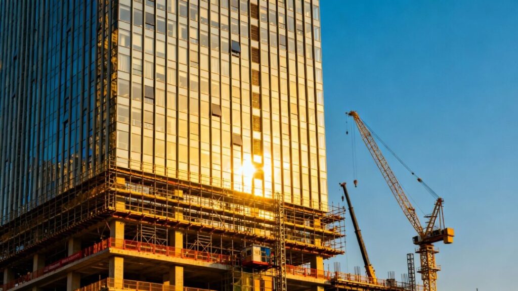 Office tower undergoing major renovation with construction equipment.