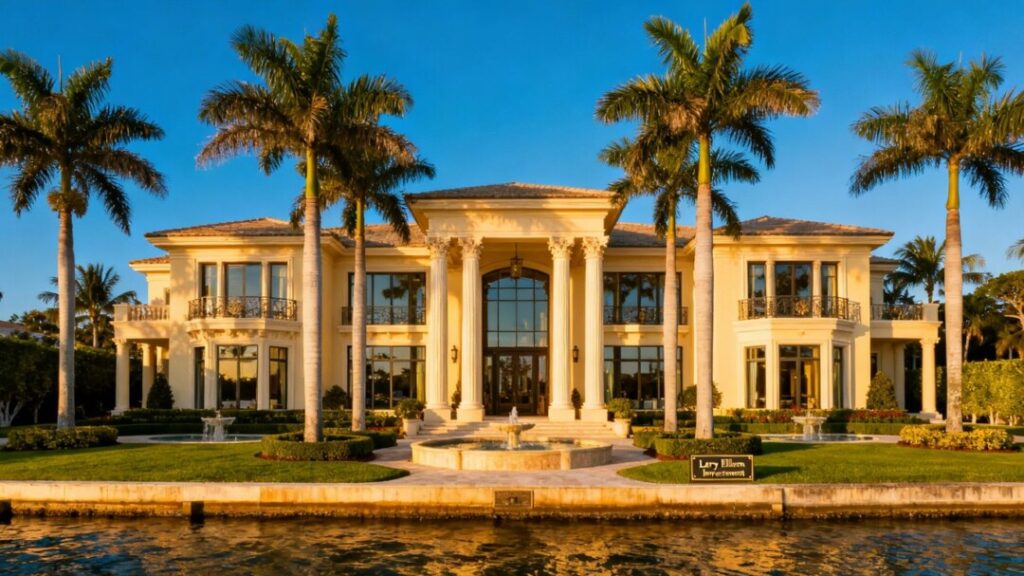 Manalapan mansion, Florida, with palm trees and blue sky.