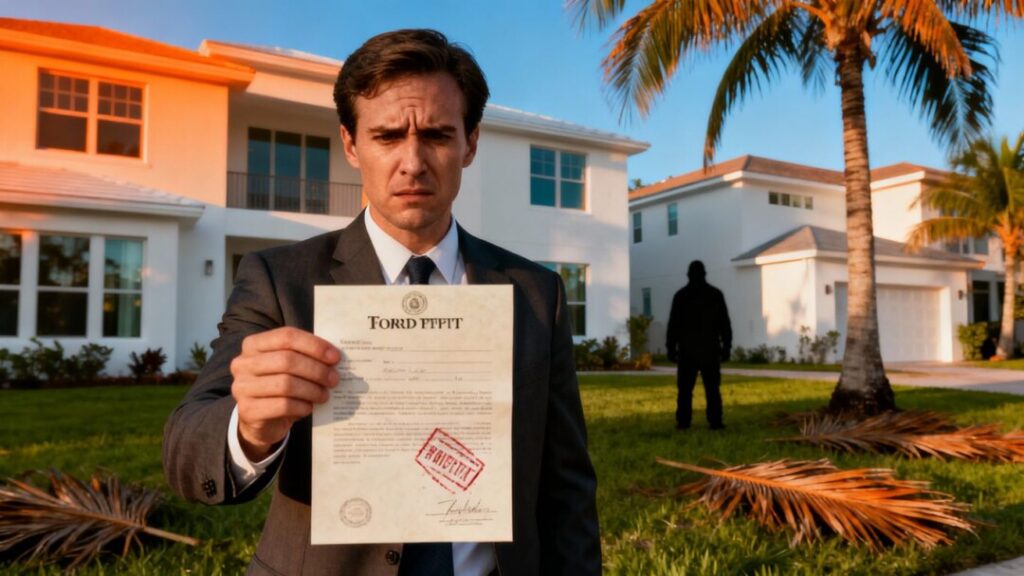 Agent with forged deed, shadowy figure near Florida homes