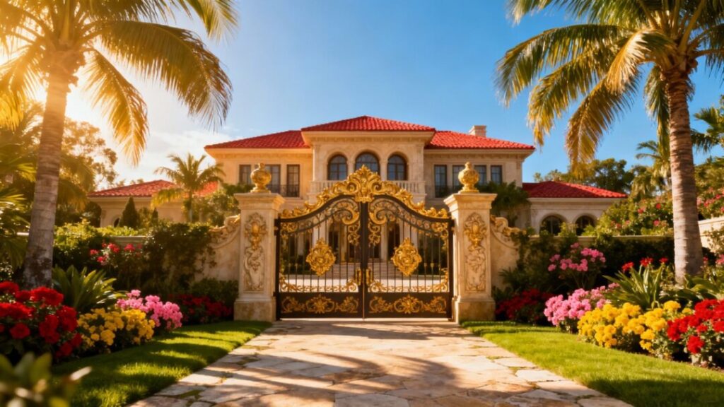 Luxurious mansion behind a gated entrance in Coral Gables.