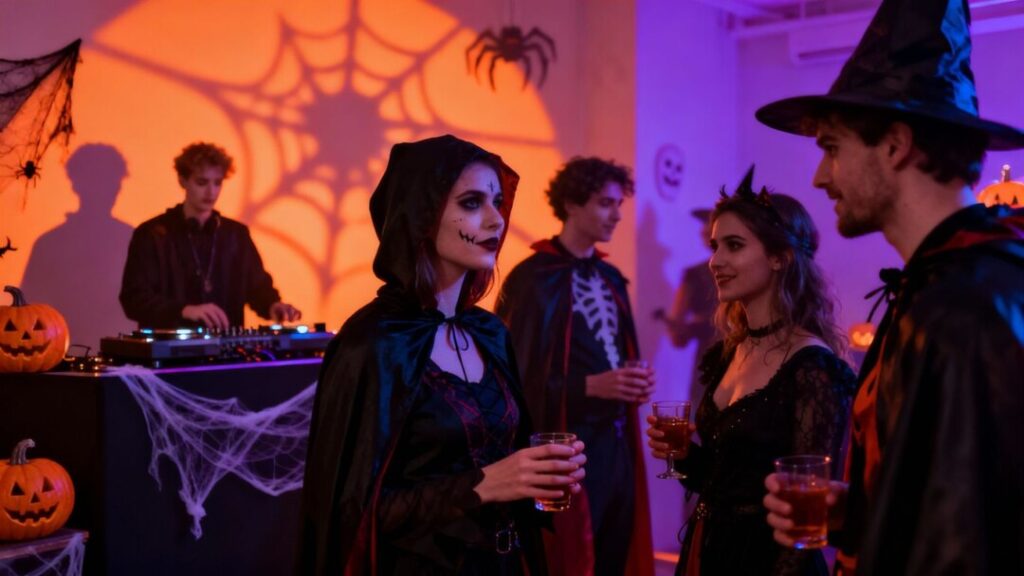 Halloween networking event with costumed guests.