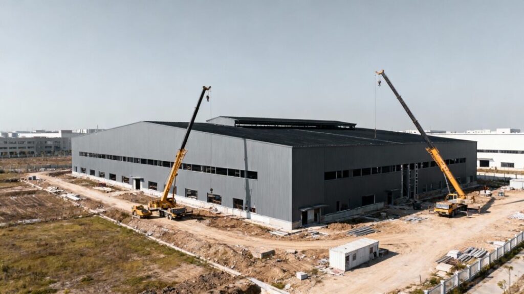 Industrial building construction at logistics hub.