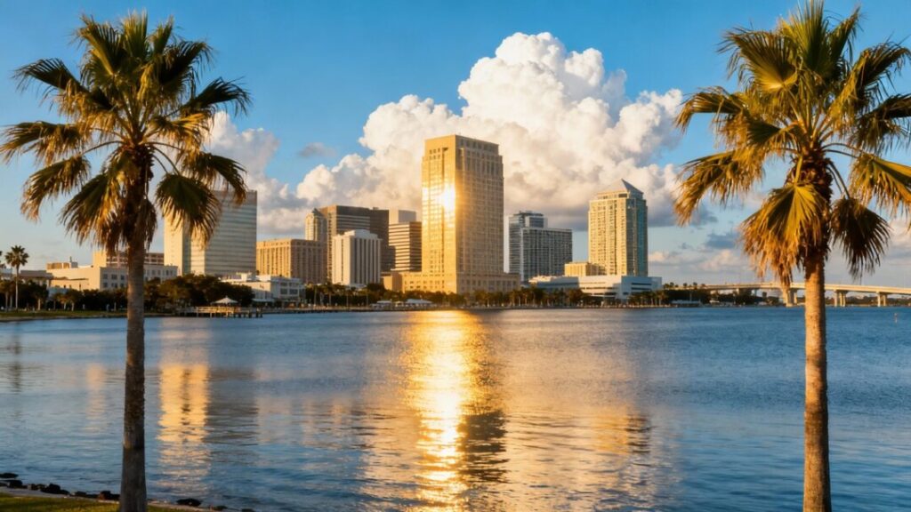Sunny Tampa skyline with palm trees and blue sky