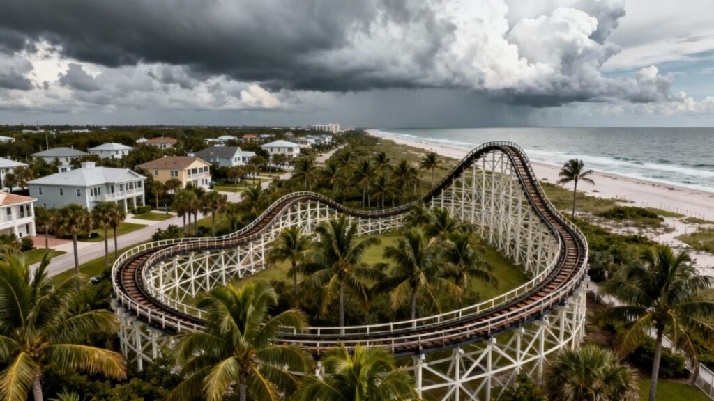 Florida coast with rollercoaster among palm trees