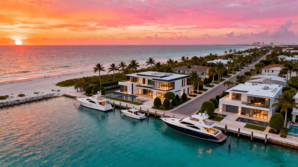 Modern beachfront mansions and yachts in sunny Florida