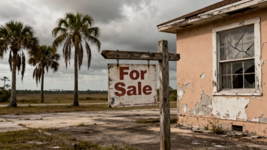 Empty Florida house with a "For Sale" sign.