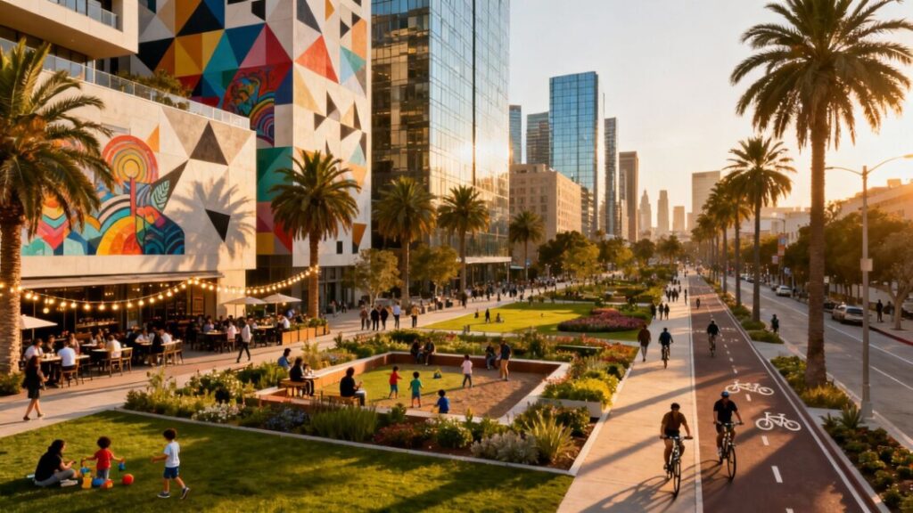 Wynwood cityscape with modern buildings and people enjoying outdoor spaces.