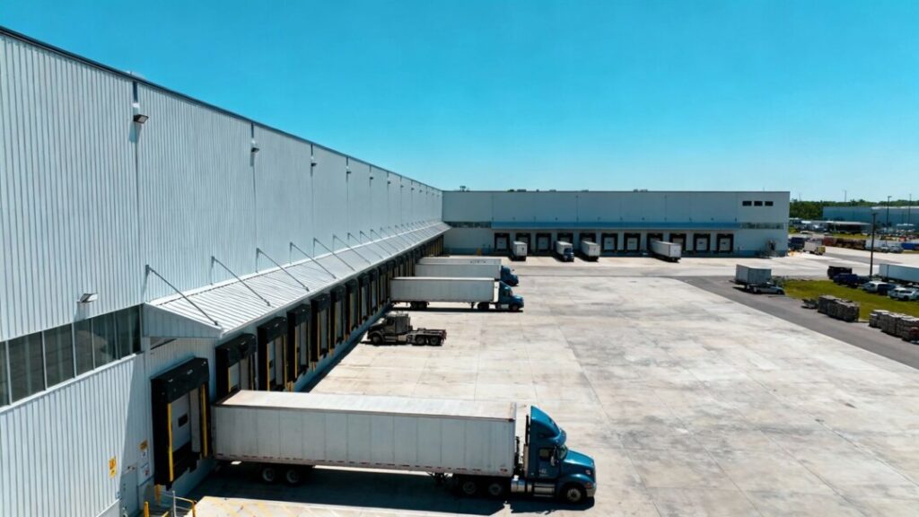 Industrial warehouse complex with trucks and loading docks.